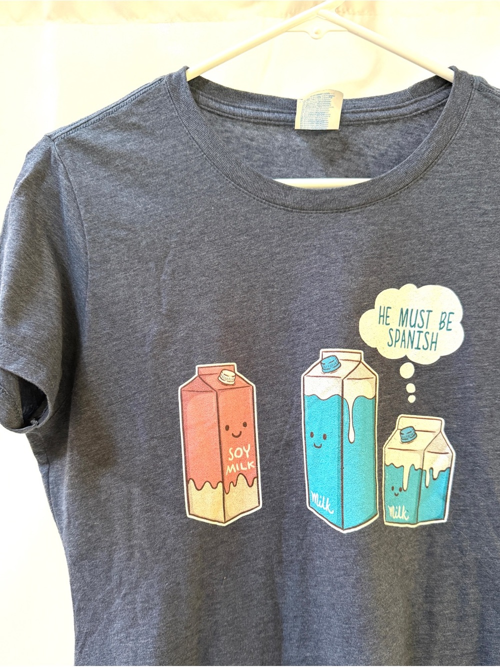 Soy Milk Graphic Tee - Navy 'He Must Be Spanish' Milk Cartons, Women's Size M